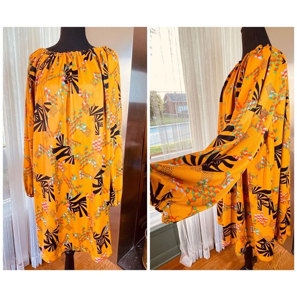 Vintage 70s oversized blouse, puffy sleeves top, yellow black green orange - Picture 1 of 9